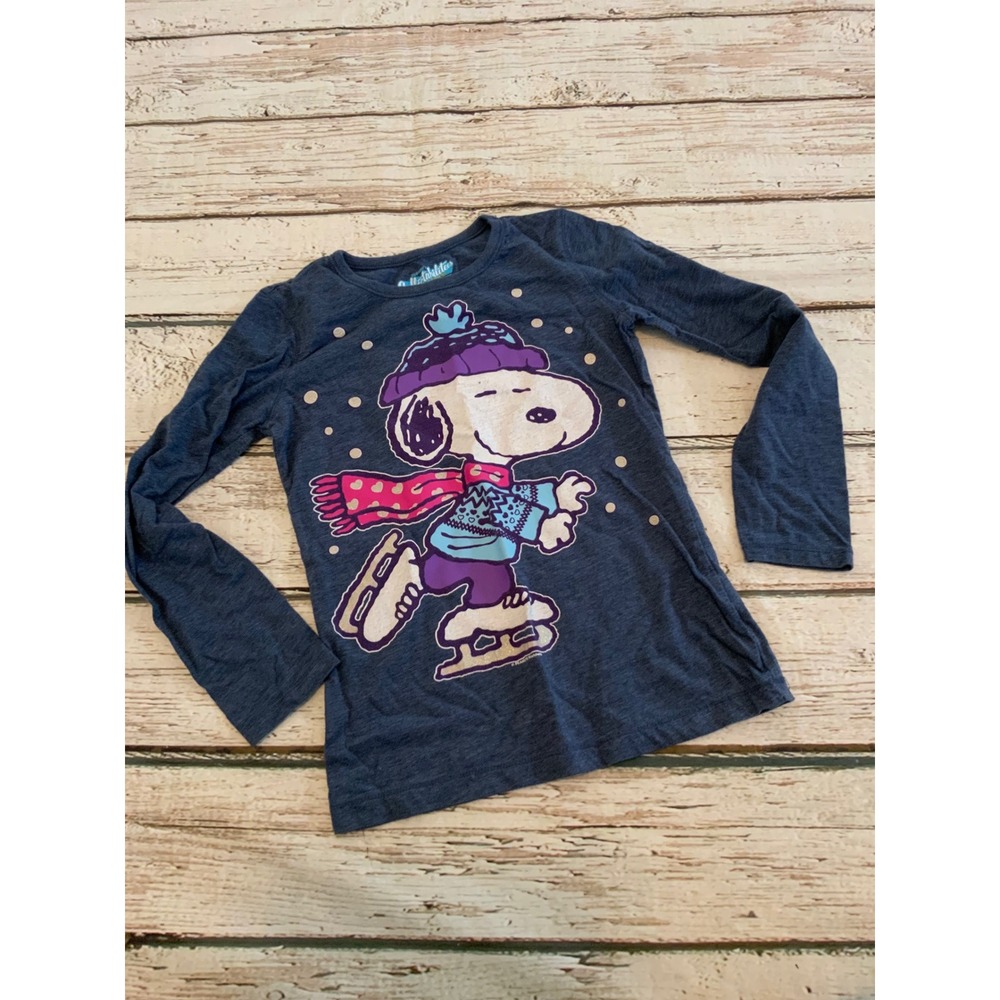 Old Navy Collectabilitees Girls Peanuts Snoopy Ice Skating Long Sleeve Shirt M 8